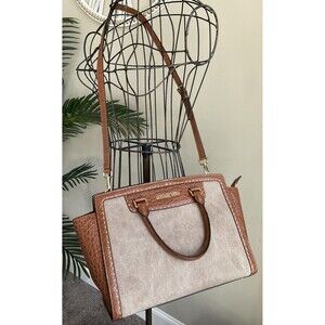 Michael Kors Vintage Brown Leather And Burlap Shoulder Handbag EUC